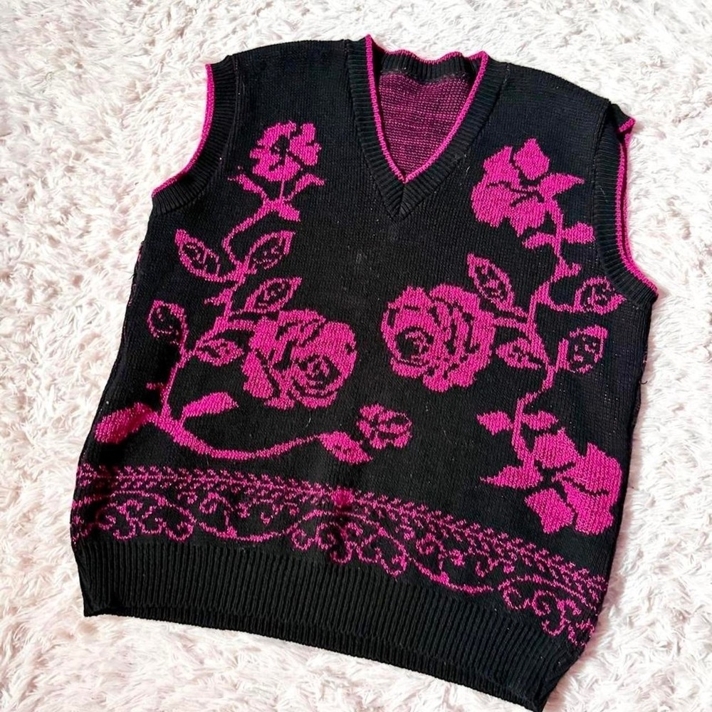 Vintage 90s Cottage‎ Core Grunge Statement Floral Knitwear Sweater Vest Womens L